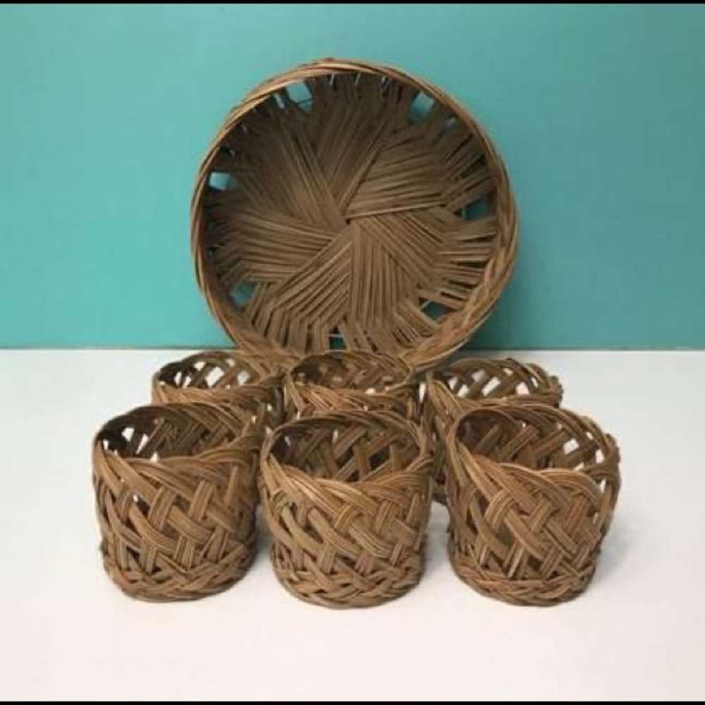 Vintage Wicker Serving Tray and Cup Holder Set